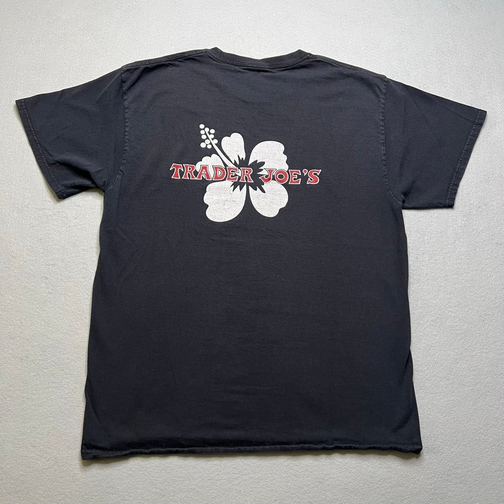 Trader Joe's T-Shirt Mens Medium Black Hibiscus Logo Graphic Crew Neck Tee